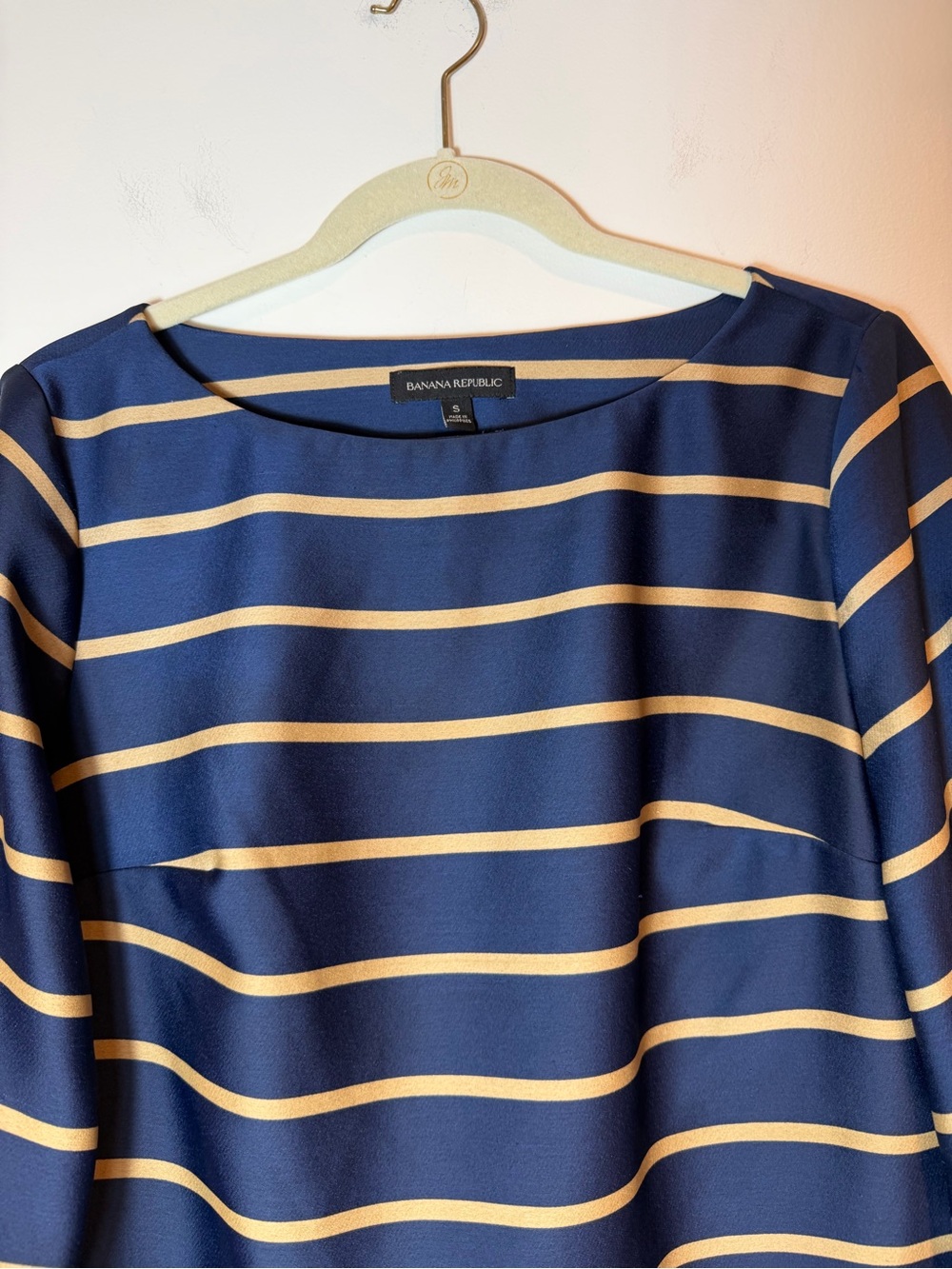 Banana Republic Navy Gold Striped Boatneck Blouse Tie Cuff Long Sleeve Office SM - Picture 4 of 11